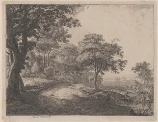 Een man en een vrouw steken een stroom over, 17e eeuw