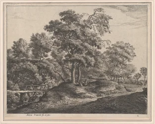 Een boerin en dochter op een kleine houten brug, 17e eeuw