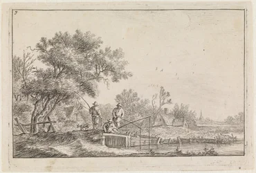 Drie hengelaars op het bruggetje (nr. 7 uit een serie van 12 prenten)
