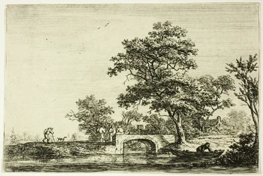 Vier mannen op een stenen brug