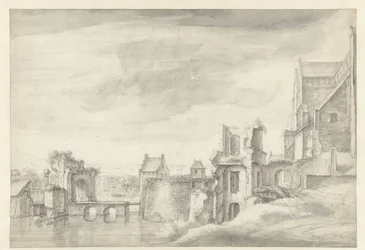 Gezicht op ruïnes aan een rivieroever (St. Walburgkerk te Arnhem?)