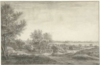 Gezicht vanuit de duinen op Haarlem met ruïne van het Huis te Kleef