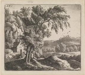 Landschap met huis bij rotswand
