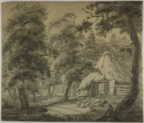 Strohut in het bos met herder en schapen