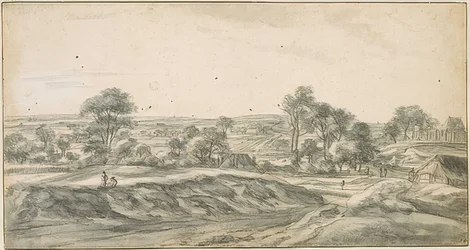 Dorp verspreid onder bomen, rechts de kerk, verre verte met heuvelachtige velden