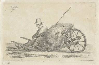 Zittende man bij een kruiwagen met hooi