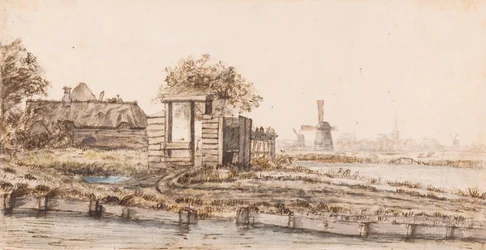 Een boerderij aan een water bij een dorp