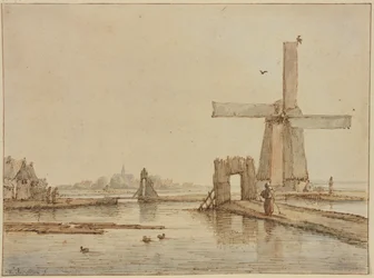 Windmolen op een smalle dijk, vooraan drie eenden