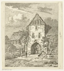Enkele figuren bij een oude stadspoort