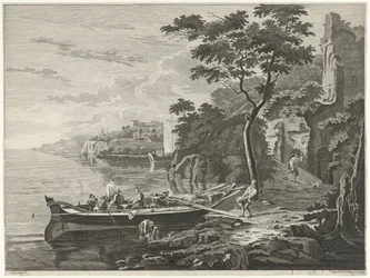 Figuren bij een schuit in een berglandschap