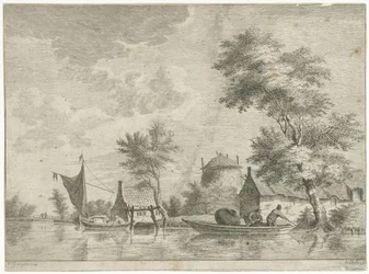 Rivierlandschap met een hooiberg