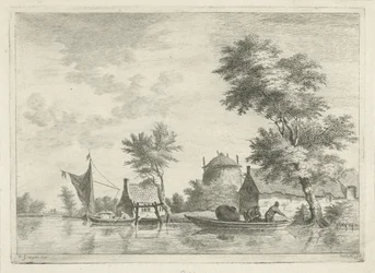 Rivierlandschap met een hooiberg