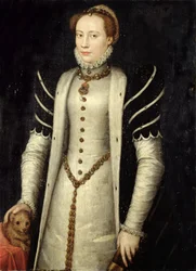Portret van een adellijke vrouw met een puppy