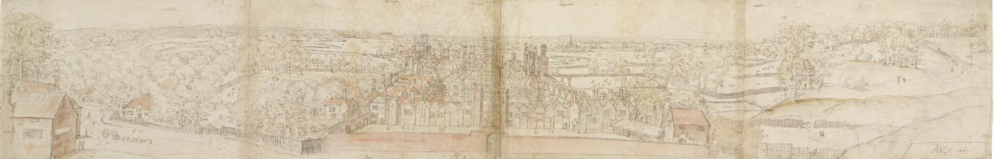 Oatlands Palace vanuit het Zuiden, 1559. Verso: Richmond Palace en Daken van Oatlands, 1559