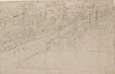Panorama van Londen gezien vanaf Southwark: Borough High Street met St Mary Overy, 1554