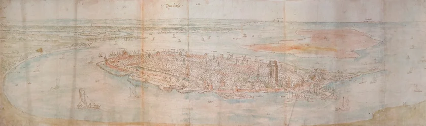 Panoramisch uitzicht op Dordrecht vanaf een verhoogd punt in het westen