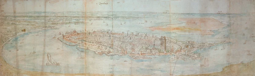 Panoramisch uitzicht op Dordrecht, gezien vanaf een verhoogd punt naar het westen