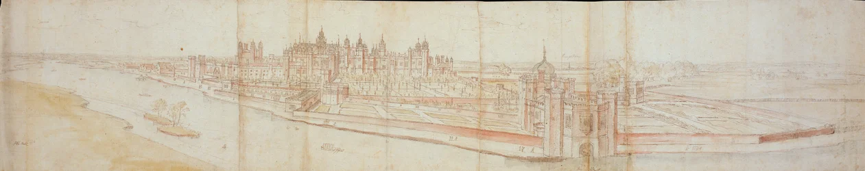 Uitzicht op Hampton Court Palace vanuit het zuiden, met de rivier op de voorgrond, 1558