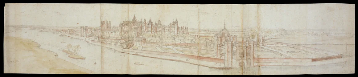 Uitzicht op Hampton Court Palace vanuit het zuiden, met de rivier op de voorgrond, 1558