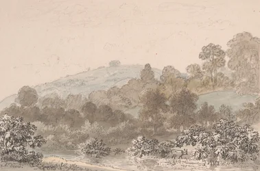 Landschap met stroom op de voorgrond