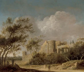 Landschap met uitzicht op een ruïne