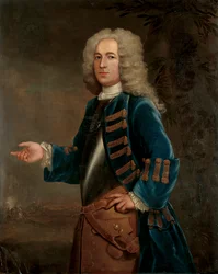 Portret van Henry Boyle, Kapitein van Paarden, in een landschap, met een veldslag op de achtergrond, 1730