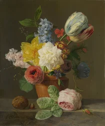 Stilleven met bloemen en noten