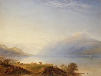 Vee bij een Meer met Bergen in de Verte