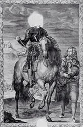 Beschadigd ruiterportret van Karel I, gegraveerd door Pierre Lombart