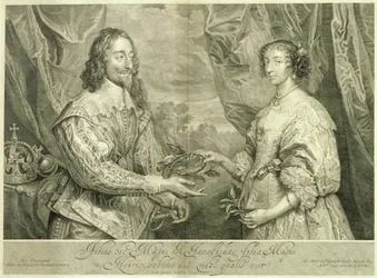Karel I (1600-49) en Henrietta Maria (1609-69) gegraveerd door George Vertue (1684-1756) naar een schilderij uit 1634, 1742