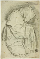Gedrapeerde figuur met capuchon (recto); Twee schetsen van zwanen in water (verso)
