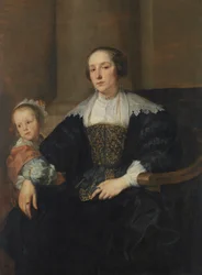 Duits: Bildnis der Anna van Thielen, Gattin des Malers Theodoor Rombouts, mit ihrer Tochter Anna Maria Portret van Anna van Thielen, echtgenote van de schilder Theodor Rombouts met hun dochter Anna Maria