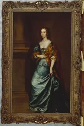 Portret van Mary Villiers, Hertogin van Lennox en Richmond, in een blauwe jurk en bruine omslagdoek bij een zuil