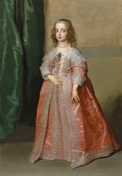 Portret van prinses Mary (1631-1660), dochter van koning Karel I van Engeland, ten voeten uit, in een roze jurk versierd met zilveren borduurwerk en linten