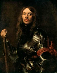 Portret van een man in harnas met een rode sjaal