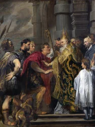 Sint Ambrosius die Theodosius uit de kathedraal van Milaan weert
