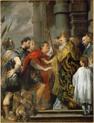 Sint Ambrosius en keizer Theodosius (schilderij op doek)