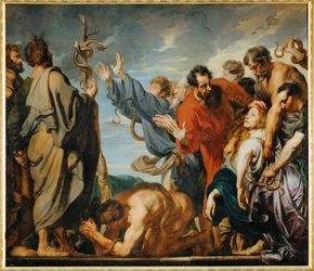 De koperen slang: Mozes houdt de koperen slang vast (schilderij op doek)