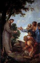 Het wonder van de muilezel (of Wonder van Sint Antonius van Padua in Toulouse). De muilezel van de Jood Guillard buigt voor de hostie getoond door Sint Antonius van Padua, negerend zijn voerbak. Zijn meester bekeert zich bij het zien van dit wonder