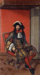 Portret van koning Lodewijk XIV, zittend in een geborduurde blauwe en gouden jas met een witte kraag en een bontgevoerd hoed, op een troon
