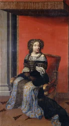 Portret van koningin Maria Theresia, zittend ten voeten uit, in een met juwelen bezet zwart lijfje met kanten kraag en een blauw-gouden rok, op een troon
