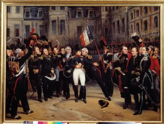 Abdicatie van 1814 - Het afscheid van Napoleon Bonaparte (1769-1821) van de keizerlijke garde op de binnenplaats van het Cheval Blanc in Fontainebleau op 20/04/1814