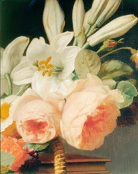 Boeket van Lelies en Rozen in een Mand op een Chiffonniere (Detail)