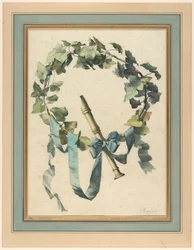 Tekening, Trofee met fluit, klimop en blauw lint, 1780-90