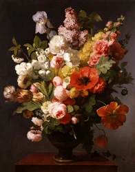 Stilleven van zomerbloemen met pioenrozen, irissen en seringen. 1819. Schilderij van Antoine Berjon (1754-1843) Privécollectie.