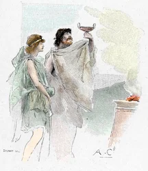 Odyssee van Homerus: Pisistratus, zoon van Nestor, biedt Telemachus een beker wijn aan in Pylos Illustratie door Antoine Calbet voor 