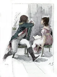 Portret van Napoleon Bonaparte (1769-1821) met zijn verloofde Desiree Clary (1777-1860) c. april 1795 (Tekening door Antoine Calbet uit 