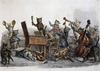 Een amateurconcert, karikatuur van katten die muziekinstrumenten bespelen, gravure door Carle Vernet (1758-1836), Frankrijk