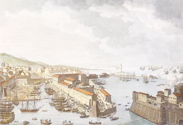 Intocht van de Fransen in Livorno, juni 1796, gravure door Jean Duplessis-Bertaux, tekening door Carle Vernet, Franse Revolutionaire Oorlogen, Italië