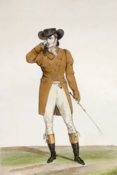Een Dandy gekleed in een bootvormige hoed, een bruin jasje en buckskin broek, plaat 1 uit de 